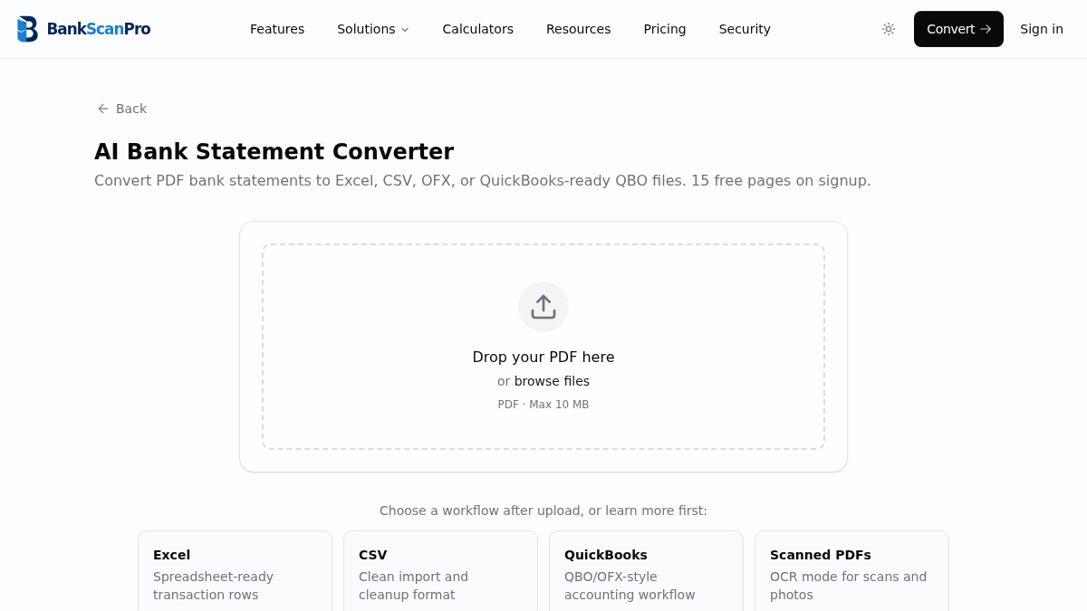 BankScanPro conversion interface with PDF upload and output workflow choices